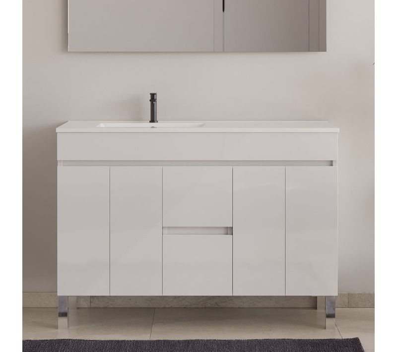 Meuble De Salle De Bain 120cm Sur Pieds Avec Vasque Déporté - Sans Miroir - Blanc - Haro