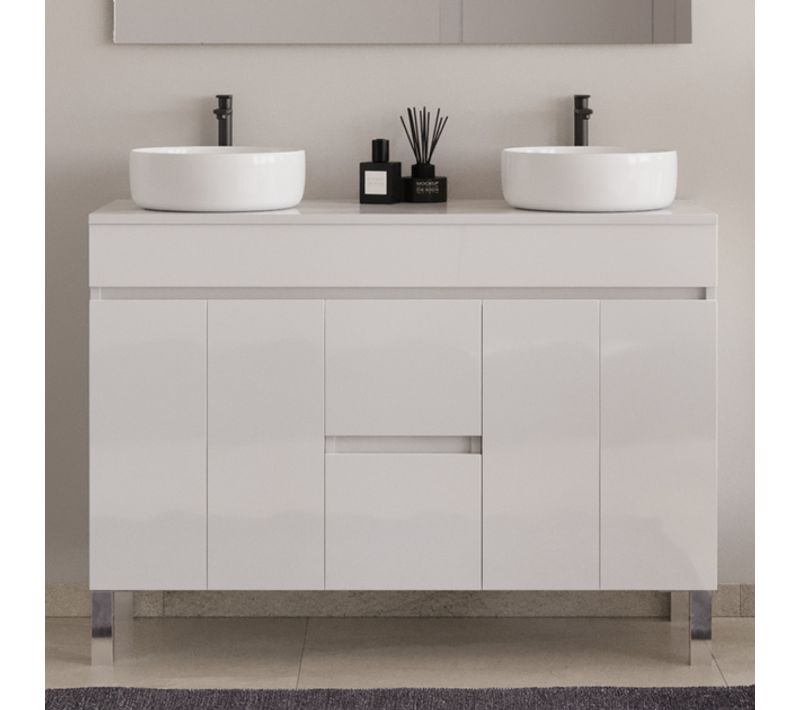 Meuble De Salle De Bain 120cm Sur Pieds Avec Plateau Et Cuves - Sans Miroir - Blanc - Haro