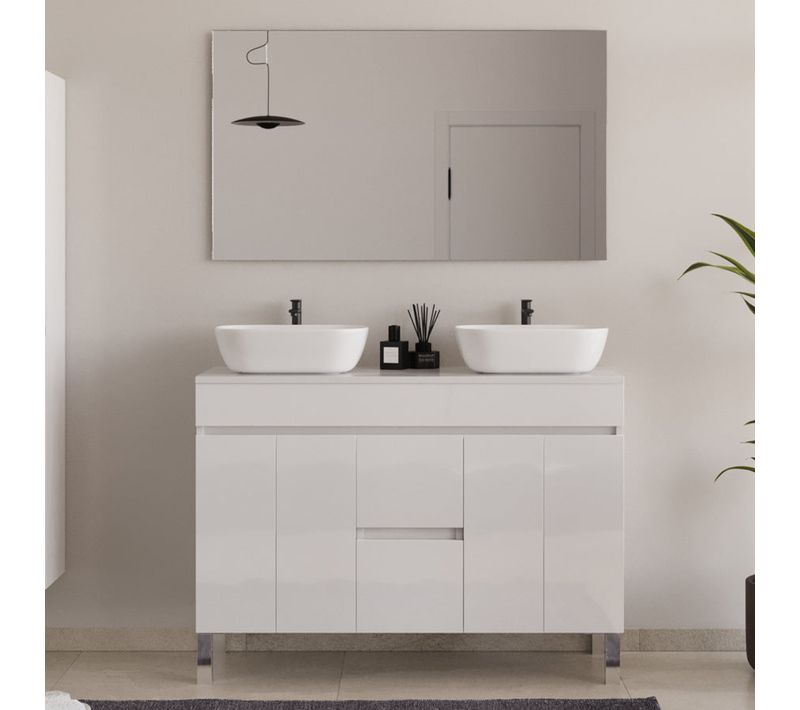 Meuble De Salle De Bain 120cm Sur Pieds Avec Plateau Et Cuves - Blanc - Haro