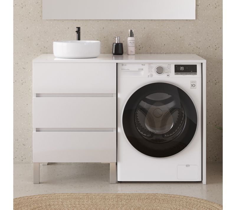 Meuble Lave Linge 124cm Avec Plateau Et Vasque Ronde - Sans Miroir - 3 Tiroirs - Blanc - Cruz