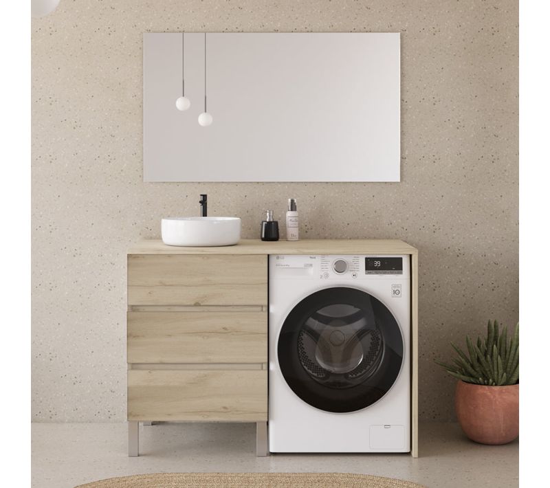 Meuble Lave Linge 124cm Avec Plateau Et Vasque Ronde - 3 Tiroirs - Nebraska (chêne Clair) - Cruz