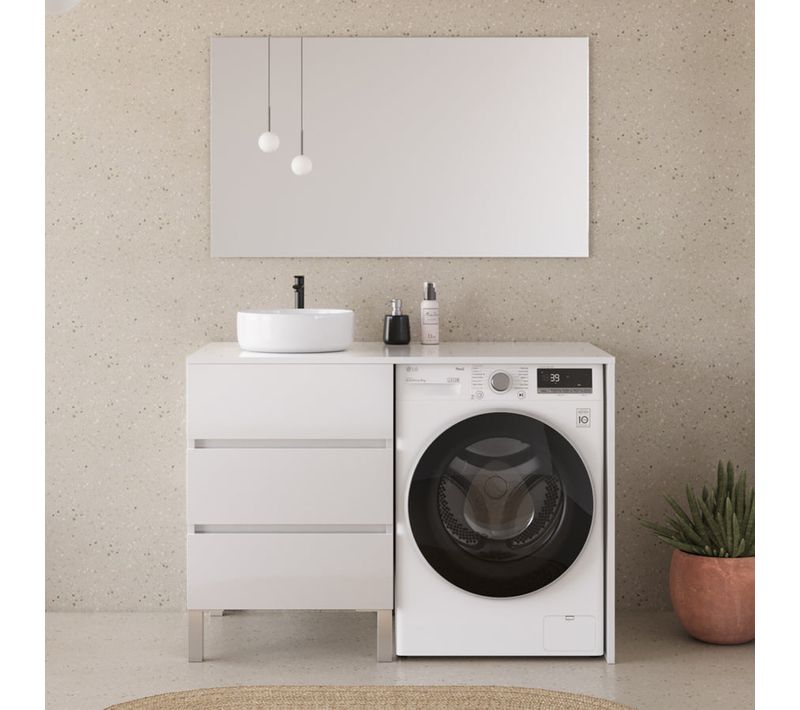 Meuble Lave Linge 124cm Avec Plateau Et Vasque Ronde - 3 Tiroirs - Blanc - Cruz