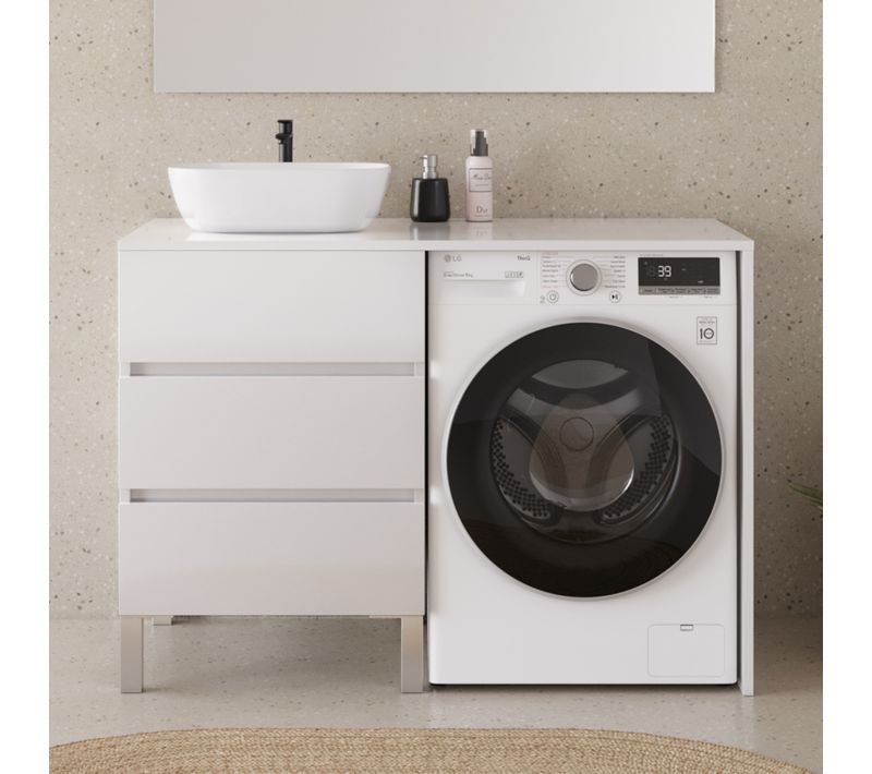 Meuble Lave Linge 124cm Avec Plateau Et Vasque Arrondie - Sans Miroir - 3 Tiroirs - Blanc - Cruz
