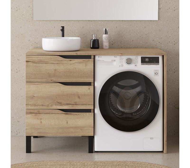 Meuble Lave Linge 124cm Avec Plateau Et Vasque Ronde - Sans Miroir - 3 Tiroirs - Madera Miel - Santa