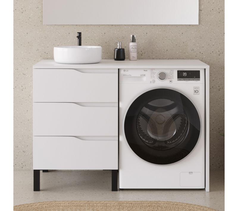 Meuble Lave Linge 124cm Avec Plateau Et Vasque Ronde - Sans Miroir - 3 Tiroirs - Blanc - Santa