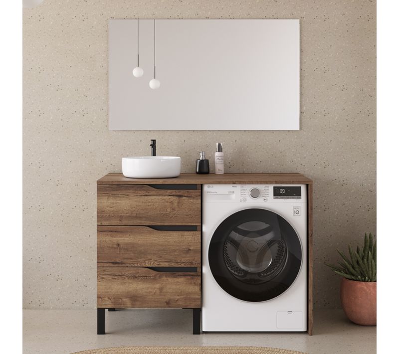 Meuble Lave Linge 124cm Avec Plateau Et Vasque Ronde - 3 Tiroirs - Tabacco (chêne Foncé) - Santa