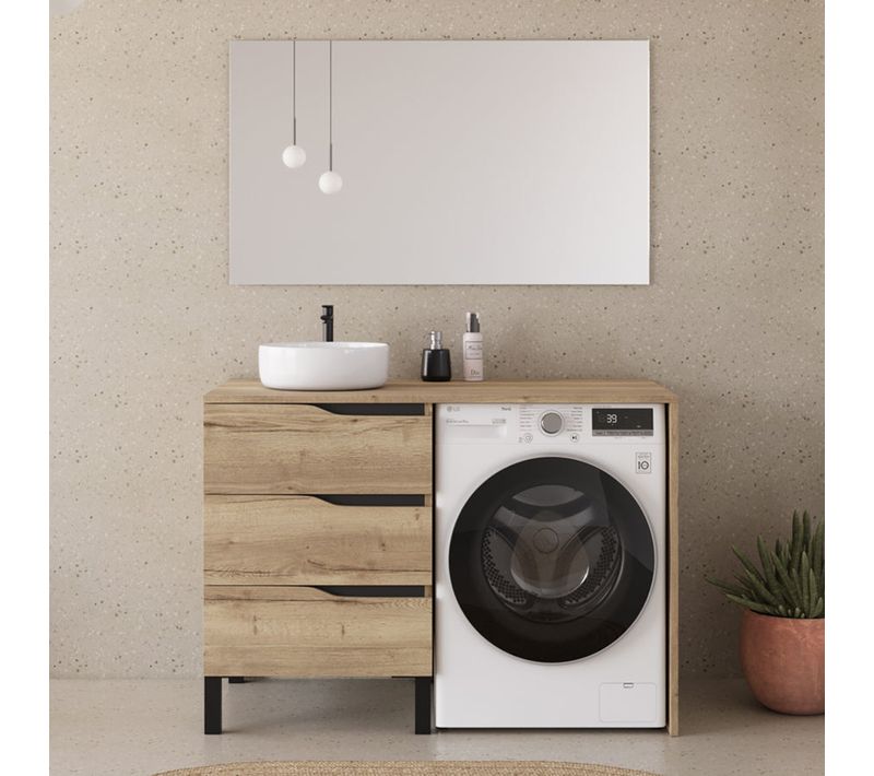 Meuble Lave Linge 124cm Avec Plateau Et Vasque Ronde - 3 Tiroirs - Madera Miel - Santa