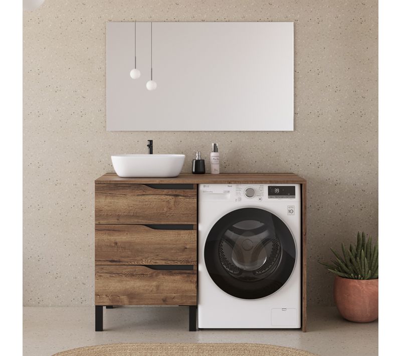 Meuble Lave Linge 124cm Avec Plateau Et Vasque Arrondie - 3 Tiroirs - Tabacco (chêne Foncé) - Santa