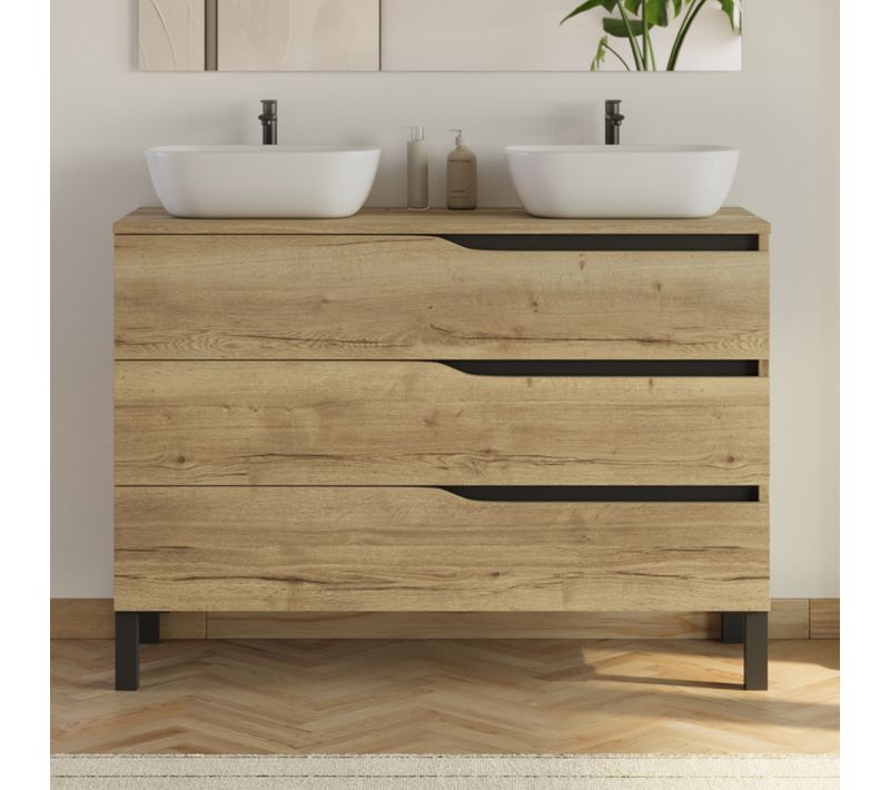 Meuble De Salle De Bain 120cm Plateau Et Vasques Zeus - Tiroirs - Sans Miroir - Madera Miel - Mata