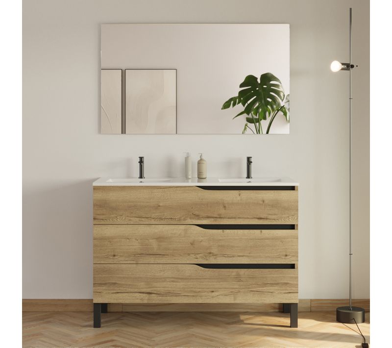 Meuble De Salle De Bain 120cm Avec Plan Double Vasque - 3 Tiroirs - Madera Miel (bois Clair) - Mata