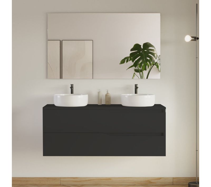 Meuble De Salle De Bain 120cm Avec Plateau Et Vasques Ares - 2 Tiroirs - Noir - Luna