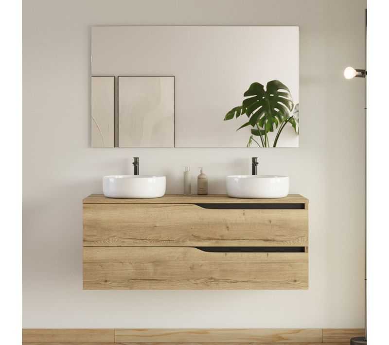 Meuble De Salle De Bain 120cm Avec Plateau Et Vasques Ares - 2 Tiroirs - Madera Miel - Luna