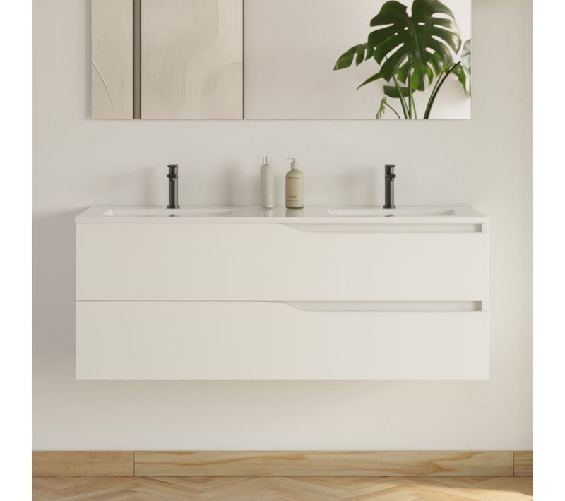 Meuble De Salle De Bain 120cm Avec Plan Double Vasque - 2 Tiroirs - Sans Miroir - Blanc - Luna