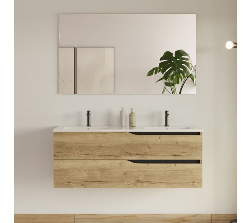 Meuble De Salle De Bain 120cm Avec Plan Double Vasque - 2 Tiroirs - Madera Miel (bois Clair) - Luna