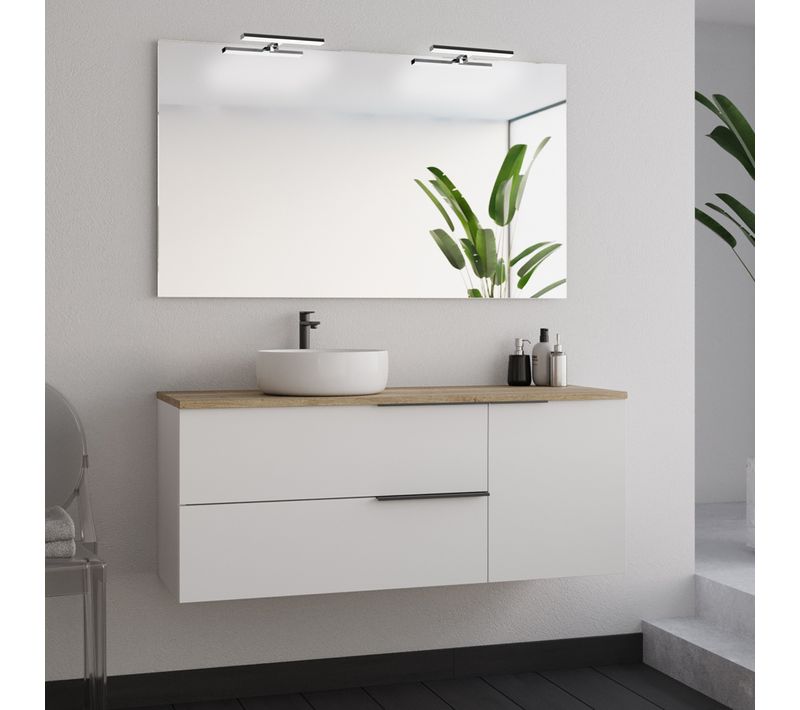 Meuble De Salle De Bain 120cm Avec Vasque à Poser Ronde Et Miroir Avec Appliques - Blanc - King