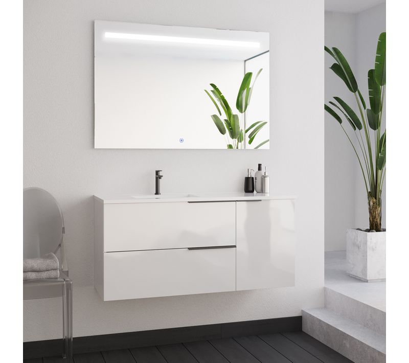 Meuble De Salle De Bain 100cm Avec Vasque Déportée - Blanc - King Et Miroir Stam