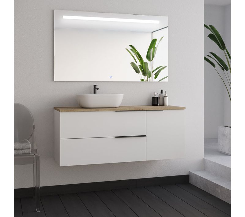 Meuble De Salle De Bain 120cm Avec Vasque à Poser Arrondie - Blanc - King Et Miroir LED Stam