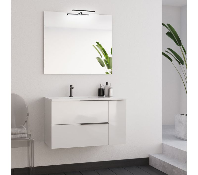 Meuble De Salle De Bain 80cm Avec Vasque Déportée Et Miroir Avec Applique - Blanc - King