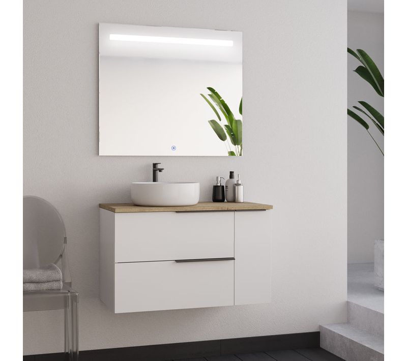 Meuble De Salle De Bain 80cm Avec Vasque à Poser Ronde - Blanc - King Et Miroir LED Stam