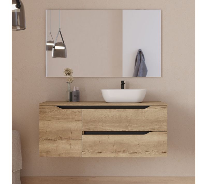 Meuble De Salle De Bain 120cm Avec Plateau, Vasque à Droite Zeus Et Miroir - Madera Miel - Zarza