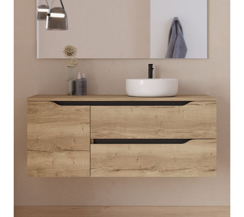 Meuble Salle De Bain 120cm Avec Plateau Et Vasque à Droite Ares - Sans Miroir - Madera Miel - Zarza