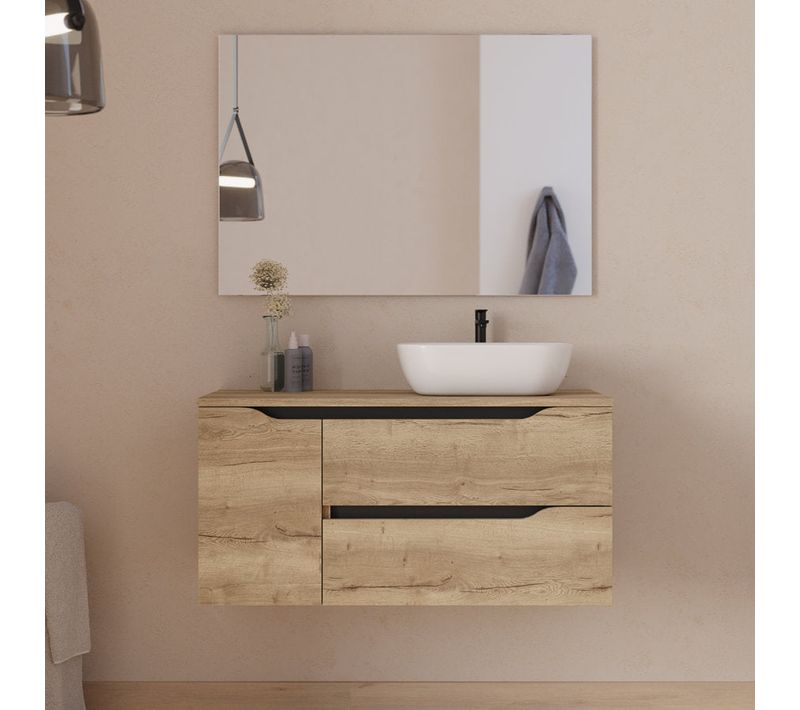 Meuble De Salle De Bain 100cm Avec Plateau, Vasque à Droite Zeus Et Miroir - Madera Miel - Zarza