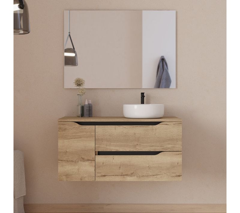 Meuble De Salle De Bain 100cm Avec Plateau, Vasque à Droite Ares Et Miroir - Madera Miel - Zarza