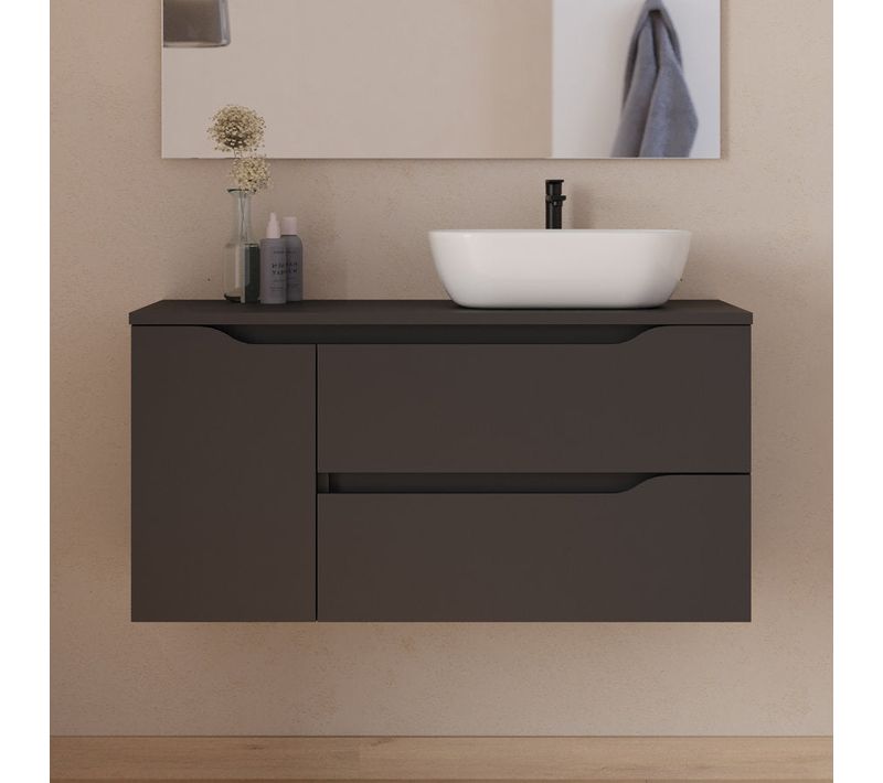 Meuble De Salle De Bain 100cm Avec Plateau Et Vasque À Droite Zeus - Sans Miroir - Noir - Zarza