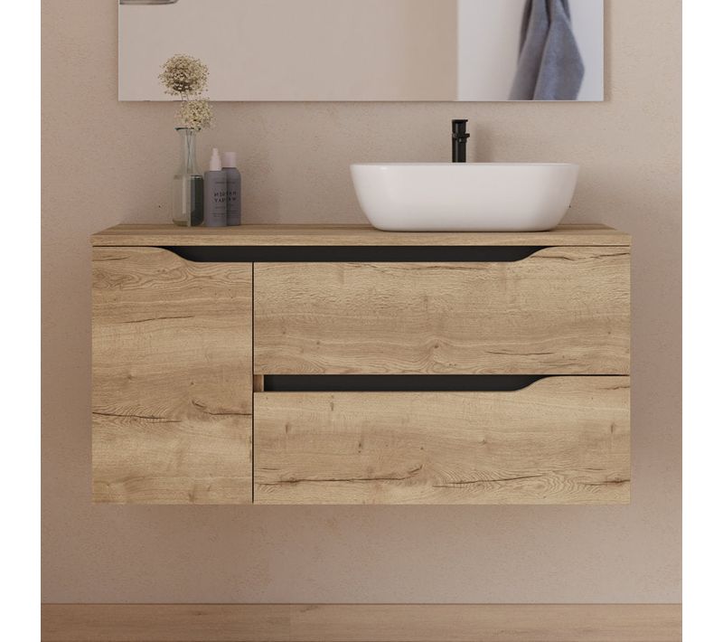Meuble Salle De Bain 100cm Avec Plateau Et Vasque à Droite Zeus - Sans Miroir - Madera Miel - Zarza