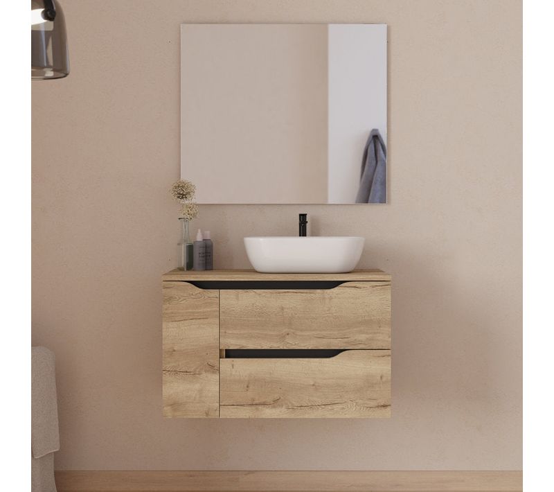 Meuble De Salle De Bain 80cm Avec Plateau, Vasque à Droite Zeus Et Miroir - Madera Miel - Zarza