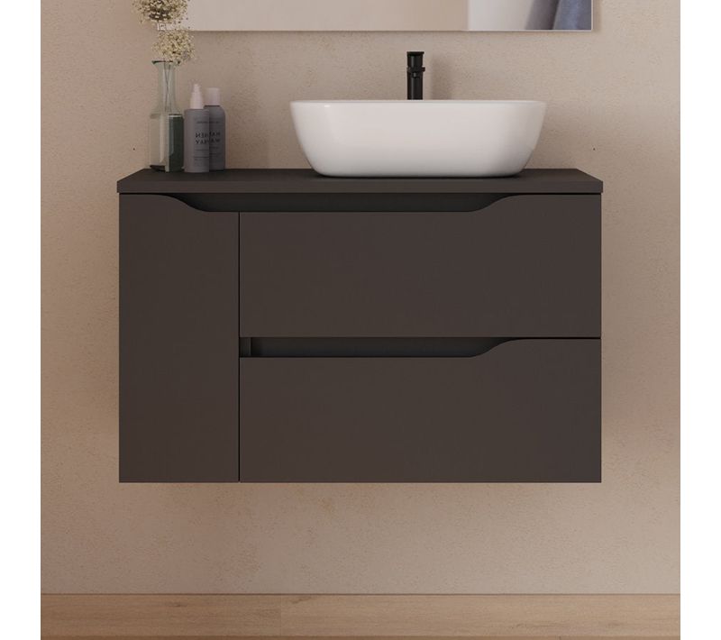 Meuble De Salle De Bain 80cm Avec Plateau Et Vasque À Droite Zeus - Sans Miroir - Noir - Zarza