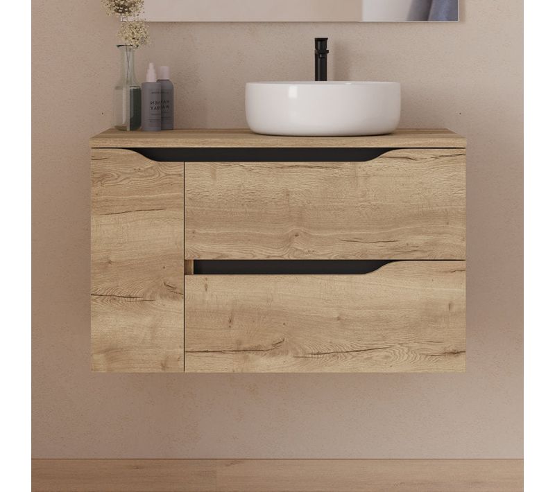 Meuble Salle De Bain 80cm Avec Plateau Et Vasque à Droite Ares - Sans Miroir - Madera Miel - Zarza