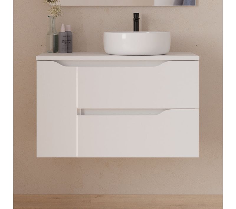 Meuble Salle De Bain 80cm Avec Plateau Et Vasque À Droite Ares - Sans Miroir - Blanc - Zarza