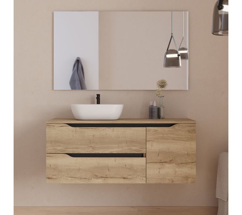 Meuble De Salle De Bain 120cm Avec Plateau, Vasque Zeus Et Miroir - Madera Miel - Zarza