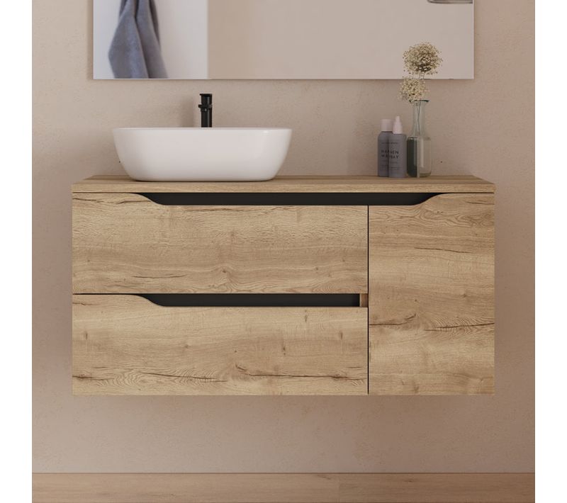 Meuble De Salle De Bain 100cm Avec Plateau Et Vasque Zeus - Sans Miroir - Madera Miel - Zarza