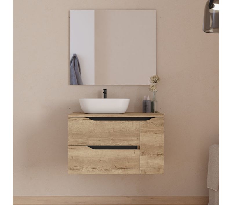 Meuble De Salle De Bain 80cm Avec Plateau, Vasque Zeus Et Miroir - Madera Miel - Zarza