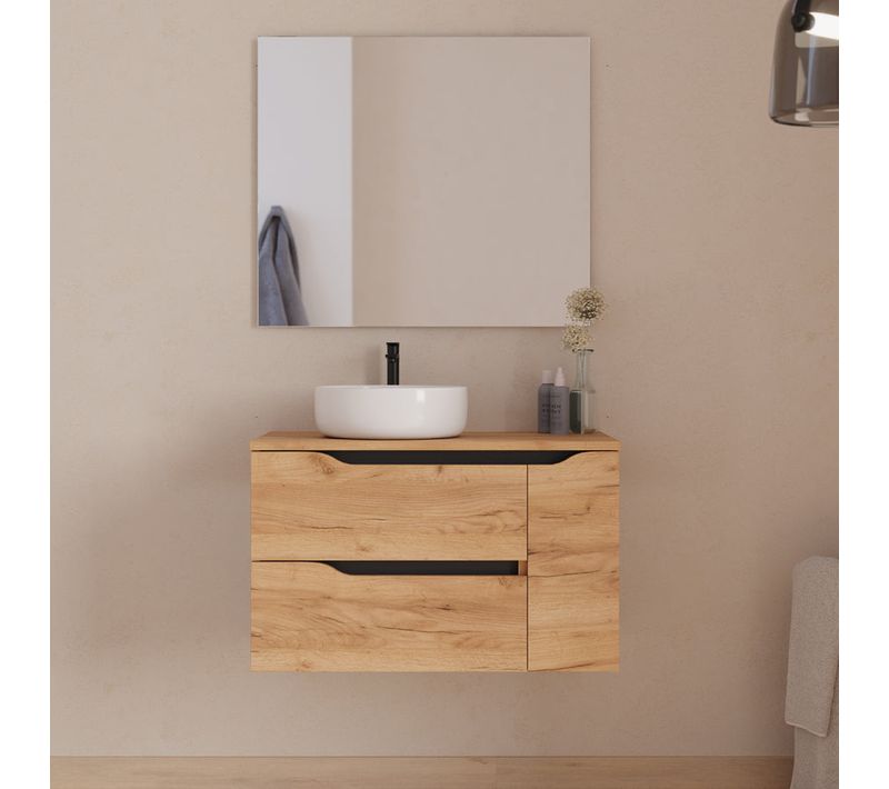 Meuble De Salle De Bain 80cm Avec Plateau, Vasque Ares Et Miroir - Roble - Zarza