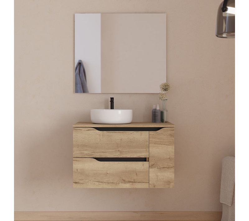 Meuble De Salle De Bain 80cm Avec Plateau, Vasque Ares Et Miroir - Madera Miel - Zarza