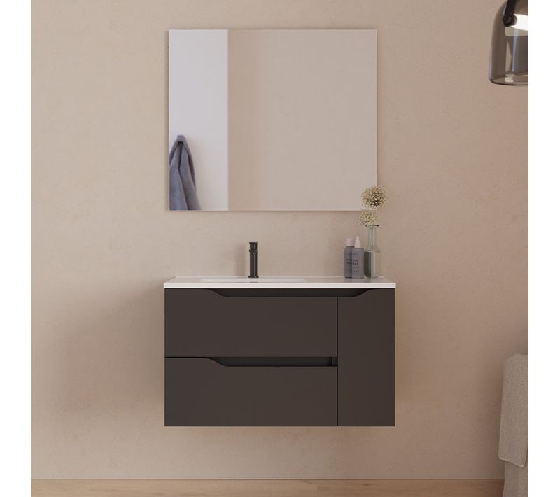 Meuble De Salle De Bain 80cm Avec Vasque Et Miroir - Noir - Zarza
