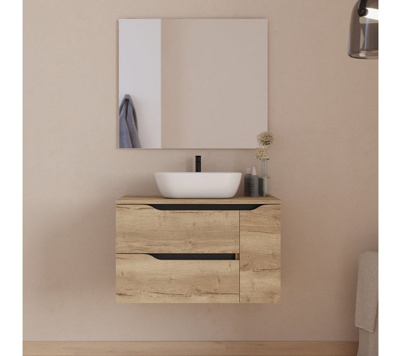 Meuble De Salle De Bain 80cm Avec Plateau, Vasque Zeus Et Miroir - Madera Miel - Zarza