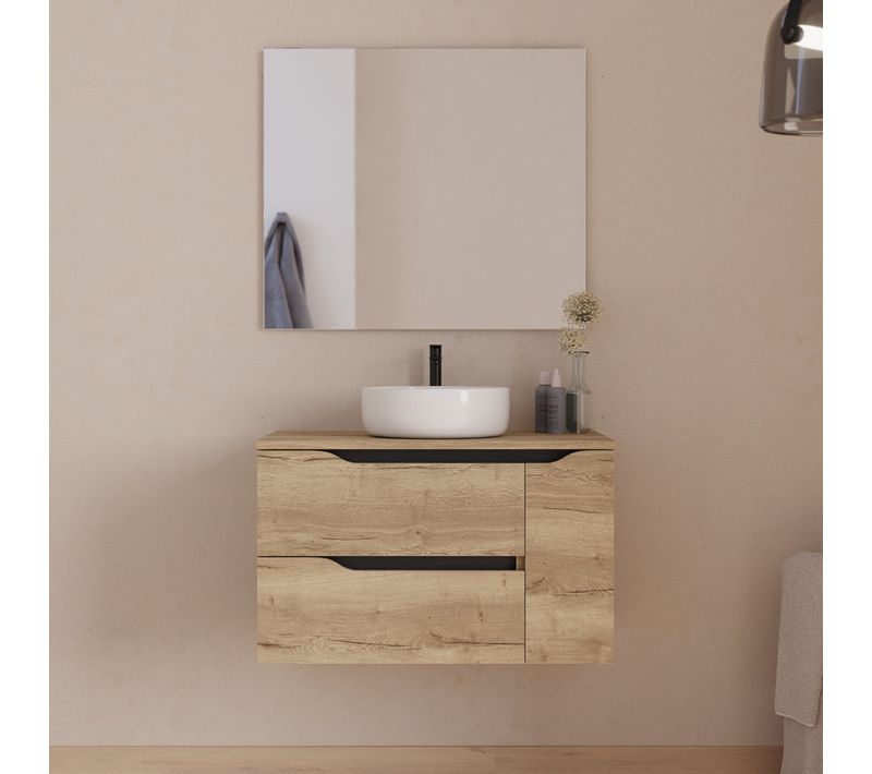 Meuble De Salle De Bain 80cm Avec Plateau, Vasque Ares Et Miroir - Madera Miel - Zarza
