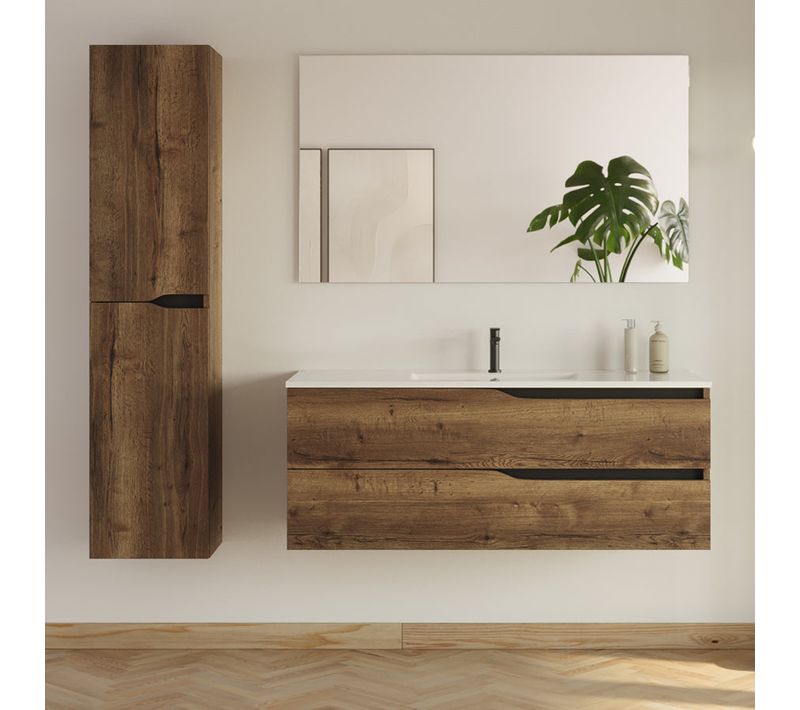 Meuble De Salle De Bain 120cm Avec Simple Vasque - 2 Tiroirs Et Colonne - Tabaco - Luna