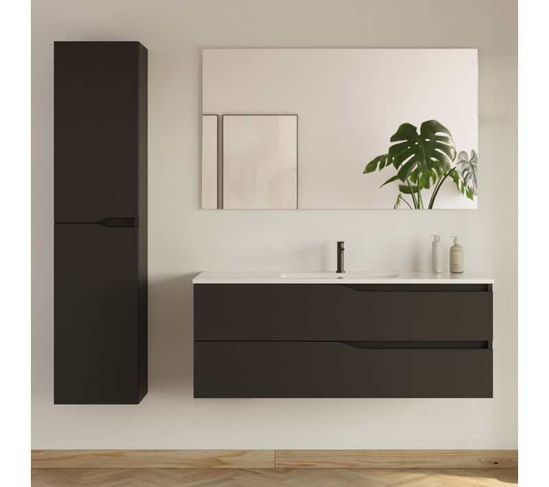 Meuble De Salle De Bain 120cm Avec Simple Vasque - 2 Tiroirs Et Colonne - Noir Mat - Luna