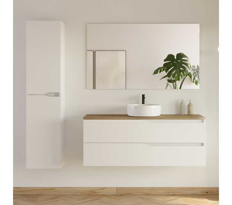 Meuble Salle De Bain 120cm Avec Plateau Et Vasque Ares - Colonne - Blanc Mat/madera Miel - Luna
