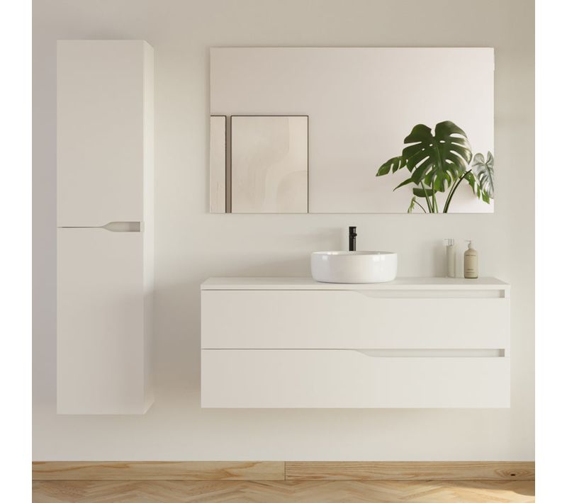 Meuble De Salle De Bain 120cm Avec Plateau Et Vasque Ares - Colonne - Blanc Mat - Luna