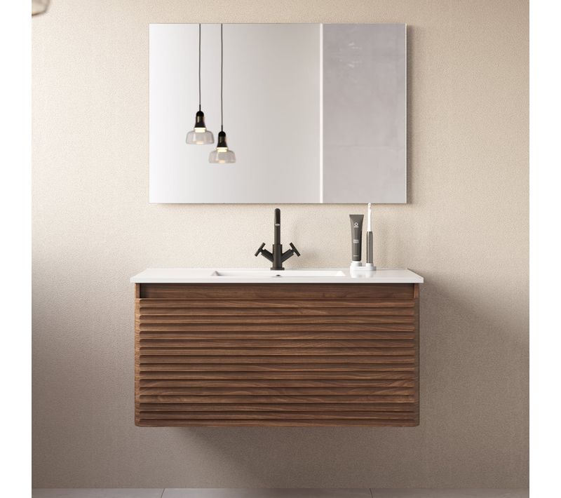 Meuble De Salle De Bain 100cm Simple Vasque - 2 Tiroirs - Noyer- Suza