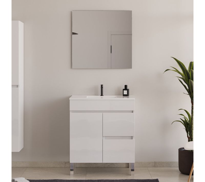 Meuble De Salle De Bain 60cm Sur Pieds Simple Vasque Avec Porte Et Tiroirs - Blanc Brillant - Haro