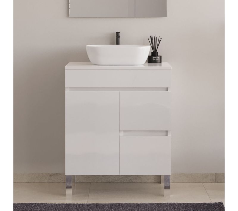 Meuble De Salle De Bain 60cm Plateau - Cuve - Sans Miroir - Porte Et Tiroirs - Blanc Brillant - Haro