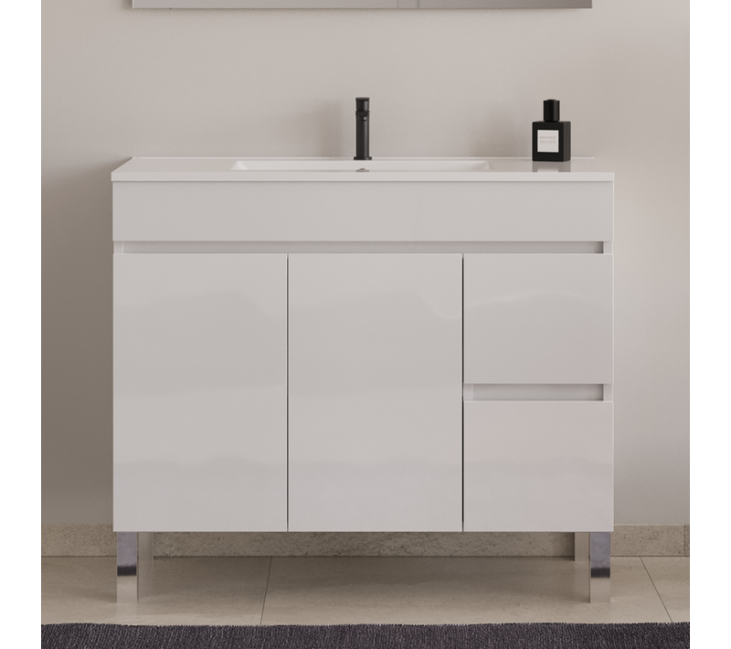 Meuble De Salle De Bain 90cm Simple Vasque - Sans Miroir - Portes Et Tiroirs - Blanc Brillant - Haro