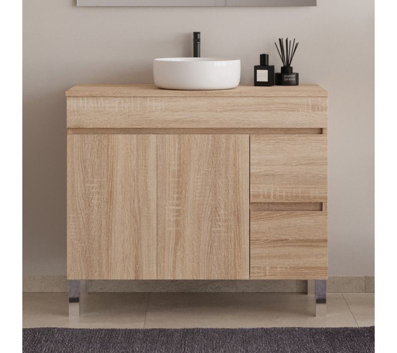 Meuble De Salle De Bain 90cm Plateau Et Une Cuve - Sans Miroir - Portes Et Tiroirs - Cambrian - Haro